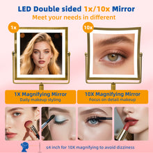 Load image into Gallery viewer, RUACQ Rechargeable Makeup Mirror with LED Lights, 1/10X Magnification, 3 Color Lights, Adjust Brightness, Antique Brass, CQ-290-AG