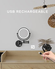 Load image into Gallery viewer, 8'' LED Lighted Rechargeable Wall Mount Vanity Two-Sided Makeup Mirror, Matte Black, 1X/10X Magnification